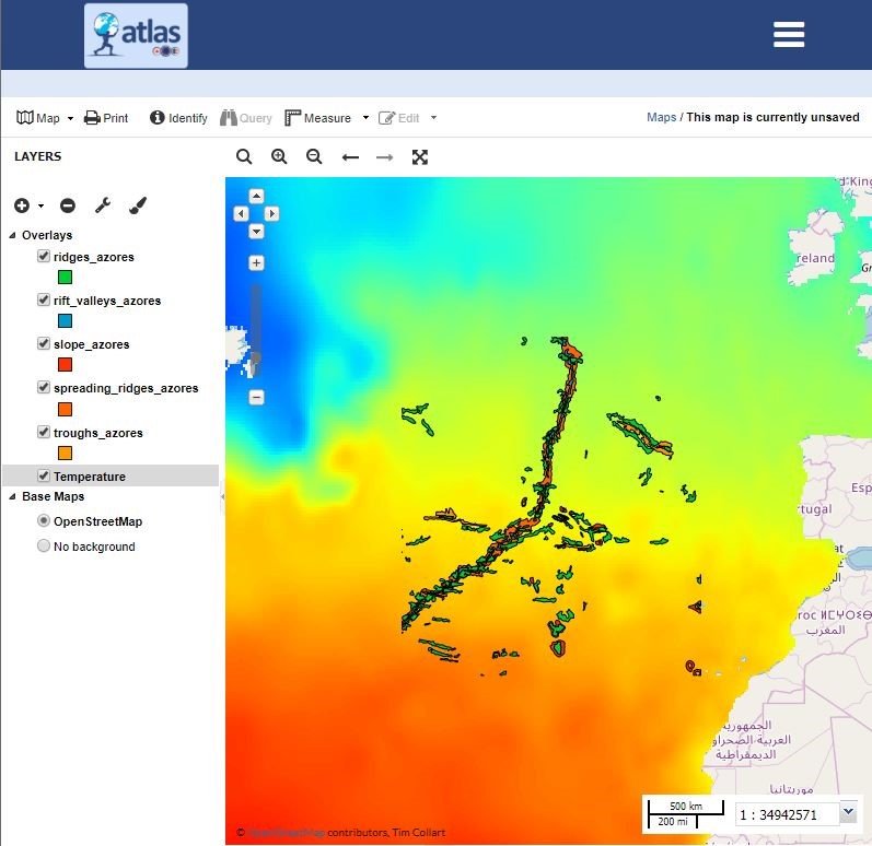 Example of an ATLAS GeoNode map - EMODnet physics gridded climatology overlain with ATLAS data layers
